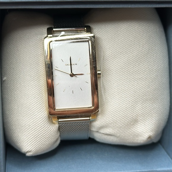 NWT Skagen Stainless Steel Silver Hagen Lille 3 Hand Mesh Rectangular Watch - Picture 2 of 6